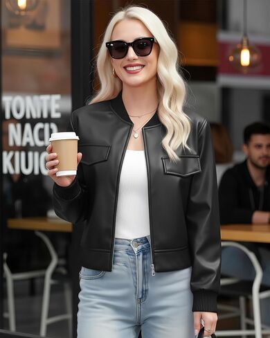 Women Leather Jacket Faux Cropped Bomber Coat Cute Short for Casual Vacation Travel College Going Out Classy Outfit in Saudi Arabia