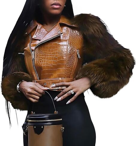 Akmipoem Leather Jacket Women Cropped PU Moto Coat Faux Fur Sleeve Short Biker Jackets Fall Winter Streetwear with Belt in Saudi Arabia