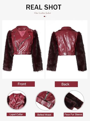 Akmipoem Leather Jacket Women Cropped PU Moto Coat Faux Fur Sleeve Short Biker Jackets Fall Winter Streetwear with Belt in Saudi Arabia
