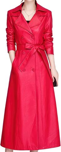 Women's Double Breasted Red Faux Leather Dress Outfit Elegant Office Classy Belted Long Leather Trench Coat in Saudi Arabia
