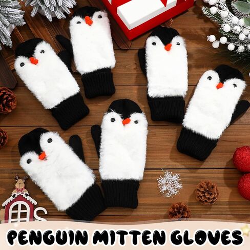 3 Pairs Christmas Penguin Gifts Bulk Mitten for Women Winter Soft Gloves Cozy Pluffy Faux Fur Penguin Mittens Warm Lining Gloves Gifts for Winter Christmas in Saudi Arabia