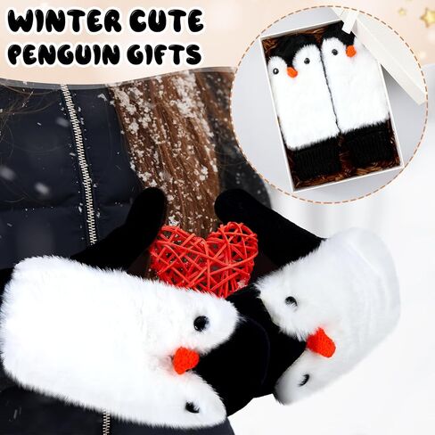 3 Pairs Christmas Penguin Gifts Bulk Mitten for Women Winter Soft Gloves Cozy Pluffy Faux Fur Penguin Mittens Warm Lining Gloves Gifts for Winter Christmas in Saudi Arabia