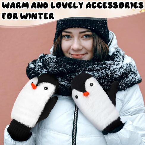 3 Pairs Christmas Penguin Gifts Bulk Mitten for Women Winter Soft Gloves Cozy Pluffy Faux Fur Penguin Mittens Warm Lining Gloves Gifts for Winter Christmas in Saudi Arabia