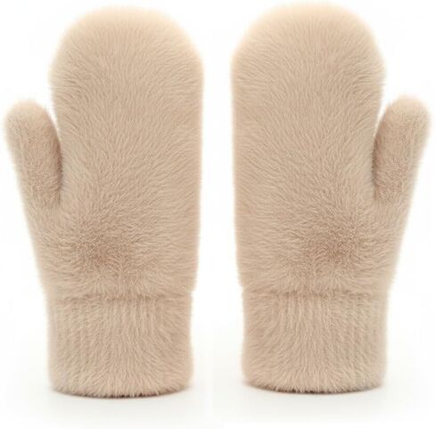 Women's Faux Fur Fleece Mittens - Soft Warm Winter Mittens Beige in Saudi Arabia