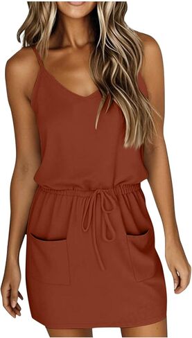 Sundresses for Women 2025 Sleeveless T Shirt Dresses V Neck Tie Front A-Line Mini Dresses Summer Dress with Pockets in Saudi Arabia