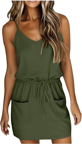 Sundresses for Women 2025 Sleeveless T Shirt Dresses V Neck Tie Front A-Line Mini Dresses Summer Dress with Pockets in Saudi Arabia