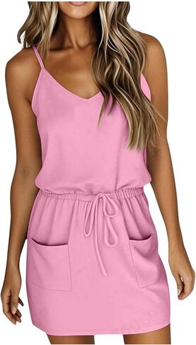 Sundresses for Women 2025 Sleeveless T Shirt Dresses V Neck Tie Front A-Line Mini Dresses Summer Dress with Pockets in Saudi Arabia