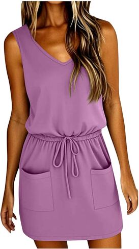 Sundresses for Women 2025 Sleeveless T Shirt Dresses V Neck Tie Front A-Line Mini Dresses Summer Dress with Pockets in Saudi Arabia