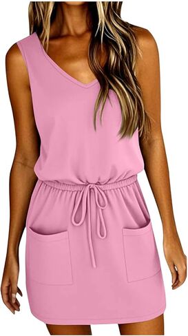 Sundresses for Women 2025 Sleeveless T Shirt Dresses V Neck Tie Front A-Line Mini Dresses Summer Dress with Pockets in Saudi Arabia