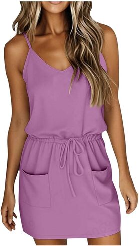 Sundresses for Women 2025 Sleeveless T Shirt Dresses V Neck Tie Front A-Line Mini Dresses Summer Dress with Pockets in Saudi Arabia