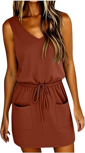 Sundresses for Women 2025 Sleeveless T Shirt Dresses V Neck Tie Front A-Line Mini Dresses Summer Dress with Pockets in Saudi Arabia