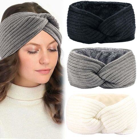 3Pcs Ear Warmer Winter Headbands for Women, Thermal-Lined Fleece Knit Winter Headbands Thick & Wide Cold Weather Headbands for Women Cozy Fleece-Lined Winter Crochet Head Bands in Saudi Arabia