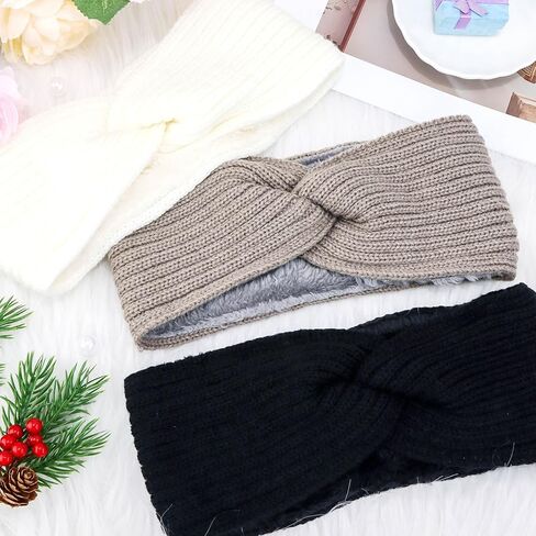 3Pcs Ear Warmer Winter Headbands for Women, Thermal-Lined Fleece Knit Winter Headbands Thick & Wide Cold Weather Headbands for Women Cozy Fleece-Lined Winter Crochet Head Bands in Saudi Arabia