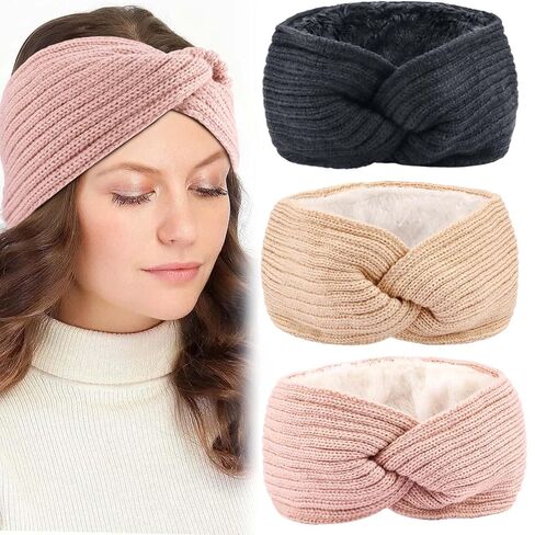 3Pcs Ear Warmer Winter Headbands for Women, Thermal-Lined Fleece Knit Winter Headbands Thick & Wide Cold Weather Headbands for Women Cozy Fleece-Lined Winter Crochet Head Bands in Saudi Arabia