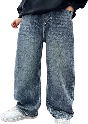 Boys Jeans Baggy Casual Straight Wide Leg Denim Pants Kids Trendy Back to School Clothes Elastic Waist Preppy Trouser Vintage in Saudi Arabia