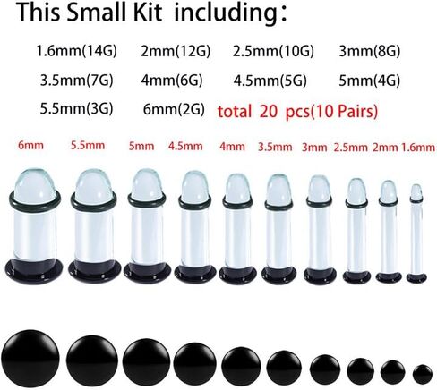 20 قطعة من مجموعة أدوات قياس الأذن الزجاجية بزيادات 0.5 مم 14G-2G سدادات مضيئة واحدة Comf مضادة للحساسية وتمتد مجموعة قياس ثقب الجسم in Kuwait