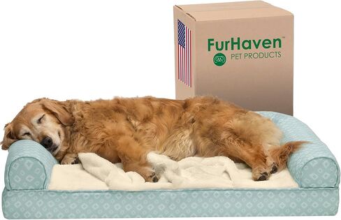 Furhaven Cooling Gel Dog Bed for Large Dogs w/ Removable Bolsters & Washable Cover, For Dogs Up to 95 lbs - Sherpa & Chenille Sofa - Cream, Jumbo/XL in Saudi Arabia