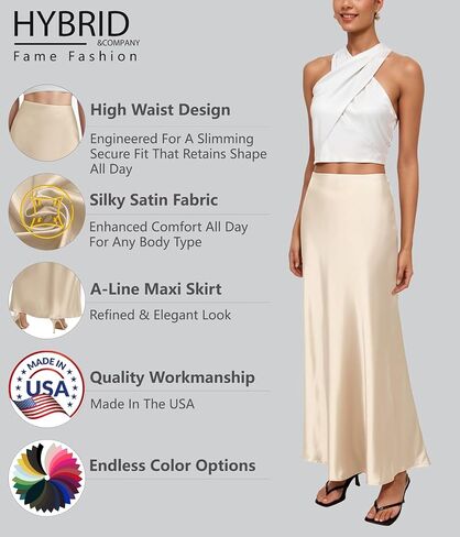 Hybrid & Company Women's Silky Satin Maxi Skirt - Stretch, High Waist, Casual & Office - Made in USA in Saudi Arabia