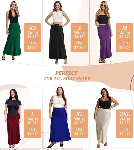 Hybrid & Company Women's Silky Satin Maxi Skirt - Stretch, High Waist, Casual & Office - Made in USA in Saudi Arabia