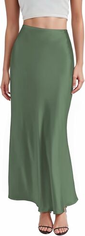 Hybrid & Company Women's Silky Satin Maxi Skirt - Stretch, High Waist, Casual & Office - Made in USA in Saudi Arabia