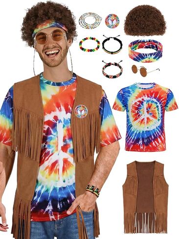 70s Outfits for Men - 10 Pcs Hippie Costume with Tie Dye Shirt, Fringe Vest & Accessories,60s/70s Retro Party Clothes in Saudi Arabia