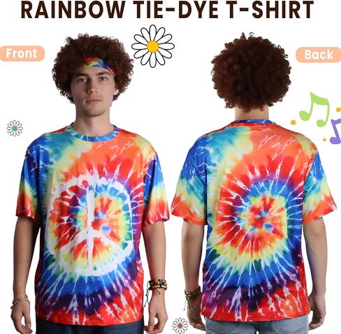 ملابس السبعينيات للرجال - 10 قطع أزياء هيبي مع قميص مصبوغ، وسترة مهدبة وإكسسوارات، ملابس حفلات ريترو الستينيات والسبعينيات in Kuwait