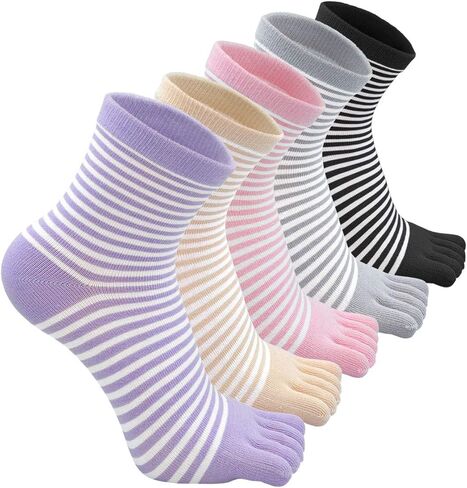 CaiDieNu Womens Toe Socks Cotton Crew Five Finger Socks Girls Colorful Stripe for Running Athletic Casual 4/5 Pairs in Saudi Arabia
