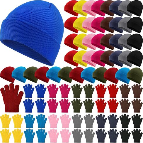 Kigeli 96 Pcs Kids Winter Beanies and Gloves Set Warm Cold Weather Hats Unisex Bulk Pack Gift for Girl Boy School Multicolor(12 Colors) in Saudi Arabia