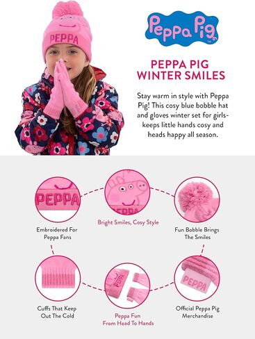 Peppa Pig Hat and Gloves Set | Kids Winter Gloves And Beanie Co Ord | Girls Winter Set | Pink One Size in Saudi Arabia