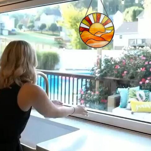 Sunrise Sun Catcher Stained Glass Window Hanging, 20cm Suncatchers for Wall Window Decor, Hand Painted Glass Artistic Birthday Gifts for Women in Saudi Arabia
