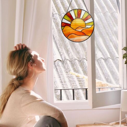 Sunrise Sun Catcher Stained Glass Window Hanging, 20cm Suncatchers for Wall Window Decor, Hand Painted Glass Artistic Birthday Gifts for Women in Saudi Arabia