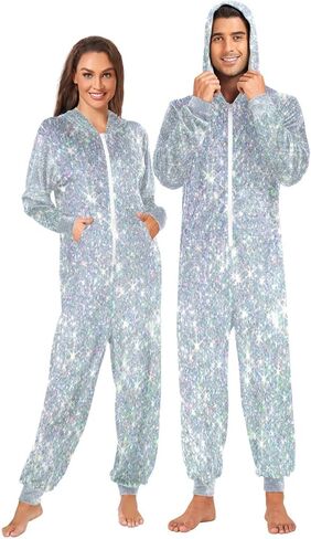 YETTASBIN Silver Glitter Adult Onesie Pajamas, Hooded Jumpsuit for Couples Women Men Holiday Costume Party Wear in Saudi Arabia
