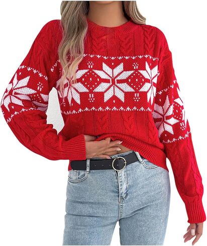 Women Christmas Sweaters Cable Snowflake Crewneck Knit Long Sleeve Warm Pullover Fair Isle Holiday Sweater in Saudi Arabia