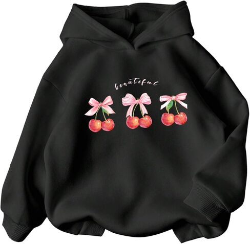 SweatyRocks Girl's Cute Cherry Bow Graphic Hoodie Long Sleeve Drop Shoulder Fleece Pullover Sweatshirt in Saudi Arabia