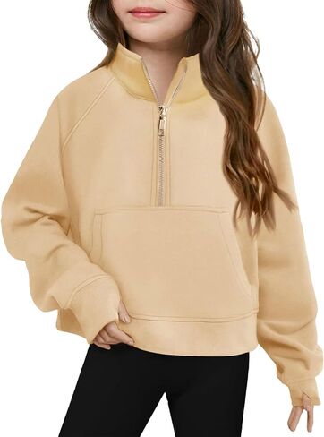 Girls Sweatshirt Cute Half Zip Lightweight Pullover Casual Long Sleeve Thumb Hole Fall Toddler Kids Pocket Outfits in Saudi Arabia