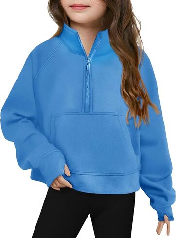 Girls Sweatshirt Cute Half Zip Lightweight Pullover Casual Long Sleeve Thumb Hole Fall Toddler Kids Pocket Outfits in Saudi Arabia