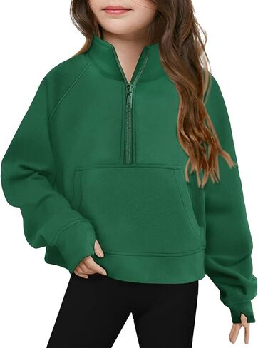 Girls Sweatshirt Cute Half Zip Lightweight Pullover Casual Long Sleeve Thumb Hole Fall Toddler Kids Pocket Outfits in Saudi Arabia