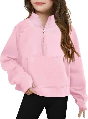 Girls Sweatshirt Cute Half Zip Lightweight Pullover Casual Long Sleeve Thumb Hole Fall Toddler Kids Pocket Outfits in Saudi Arabia