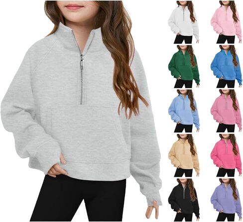 Girls Sweatshirt Cute Half Zip Lightweight Pullover Casual Long Sleeve Thumb Hole Fall Toddler Kids Pocket Outfits in Saudi Arabia