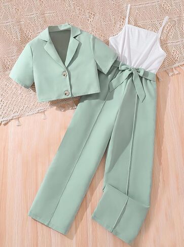 Girls 2-Piece Outfit Set Short Sleeve Blazer Crop Jacket Color Block Jumpsuit with Belt Summer Elegant Casual Clothes in Saudi Arabia