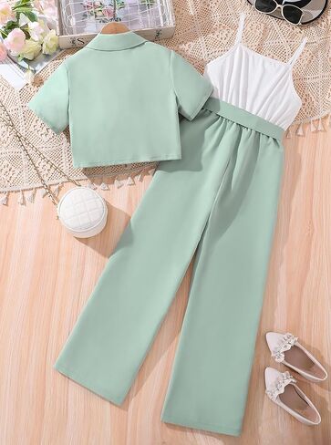 Girls 2-Piece Outfit Set Short Sleeve Blazer Crop Jacket Color Block Jumpsuit with Belt Summer Elegant Casual Clothes in Saudi Arabia
