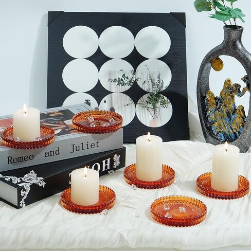 Candleholder Glass Candle Holder Plates Set of 6, Round Glass Candle Tray Plates for Dining Wedding Christmas Party Evening Light, Amber in Saudi Arabia