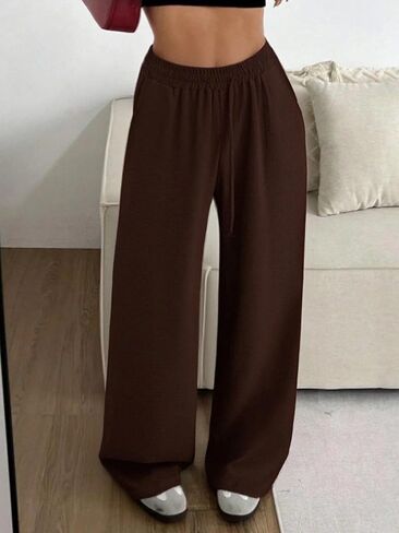 Women's Straight Leg Pants Wide Leg Drawstring Elastic Waist Trousers Pull On Travel Lounge Office Pants in Saudi Arabia