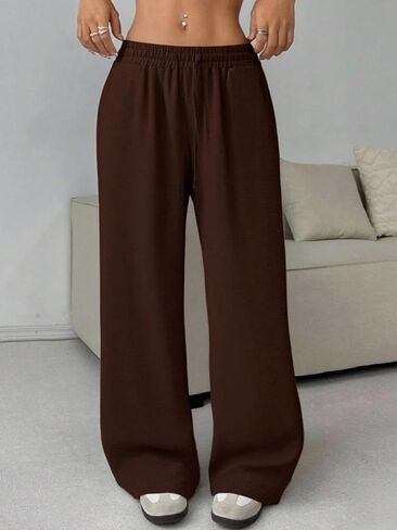 Women's Straight Leg Pants Wide Leg Drawstring Elastic Waist Trousers Pull On Travel Lounge Office Pants in Saudi Arabia