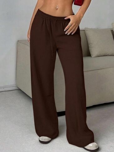 Women's Straight Leg Pants Wide Leg Drawstring Elastic Waist Trousers Pull On Travel Lounge Office Pants in Saudi Arabia
