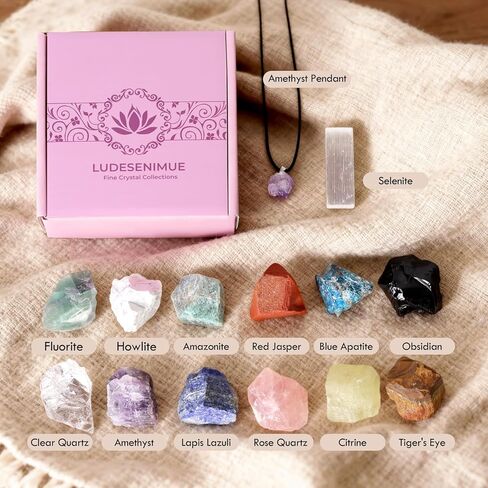 14Pcs Crystals and Healing Stones, Real Healing Crystals, Raw Crystals, Selenite Charging Plate, Amethyst Necklace, Rose Quartz in Kuwait