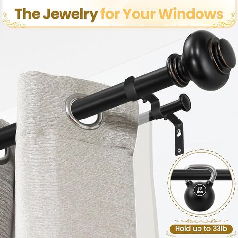 1 Inch Black Double Curtain Rod Set - Tension rods for windows 28 to 48 inchs with Round Finials -BHSRODS Home Double Window Rods for Living Room & Bedroom in Saudi Arabia