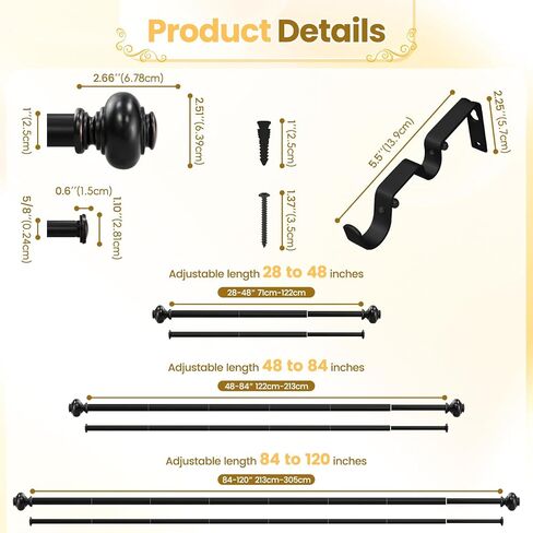 1 Inch Black Double Curtain Rod Set - Tension rods for windows 28 to 48 inchs with Round Finials -BHSRODS Home Double Window Rods for Living Room & Bedroom in Saudi Arabia