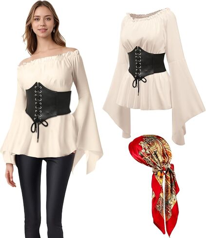 Women's Pirate Costumes Blouse Top Corset Waist Belt, Renaissance Medieval Top Costume, Off Shoulder Pirate Shirt in Kuwait