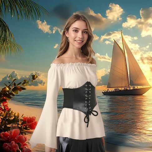 Women's Pirate Costumes Blouse Top Corset Waist Belt, Renaissance Medieval Top Costume, Off Shoulder Pirate Shirt in Kuwait